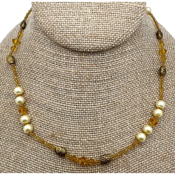 Vintage Simulated Pearl Necklace Amber Color Glass Beads Toggle Clasp - Picture 6 of 7